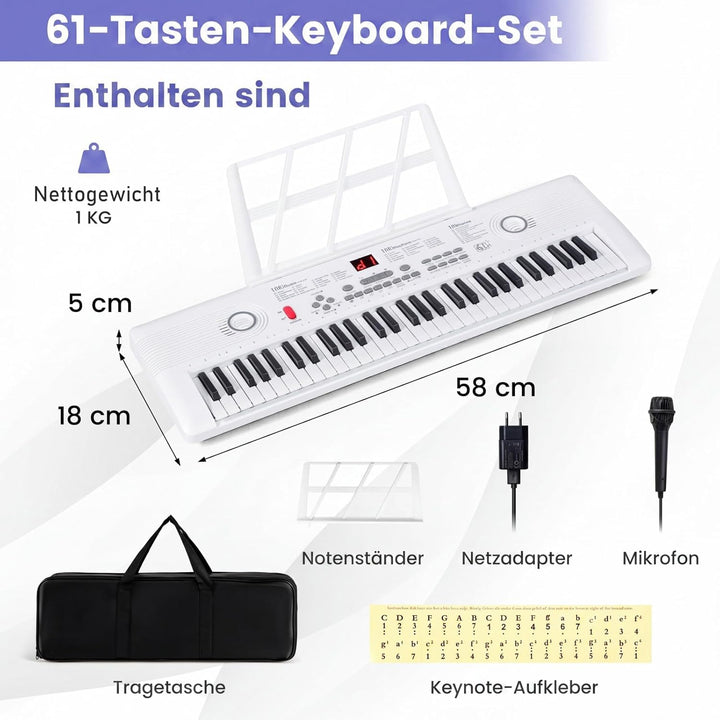 COSTWAY Keyboard Piano 61 Tasten, Digital Piano mit Ständer &amp; Mikrofon &amp; Tragetasche, E-Piano für Ei
