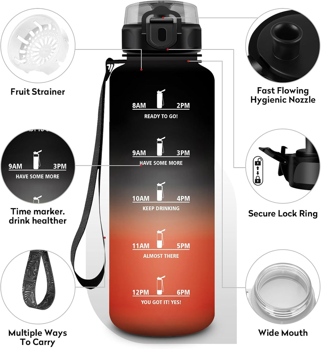 KollyKolla Trinkflasche Kohlensäure Geeignet, 500ml/1L/1.5L, Sport Trinkflasche mit Zeitmarkierung,