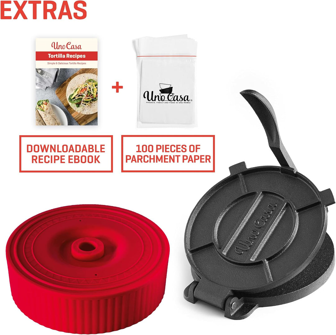 Uno Casa Tortilla-Presse aus Gusseisen, 20,3 cm, mit Tortilla-Wärmer – Set mit vorbehandeltem Quesad