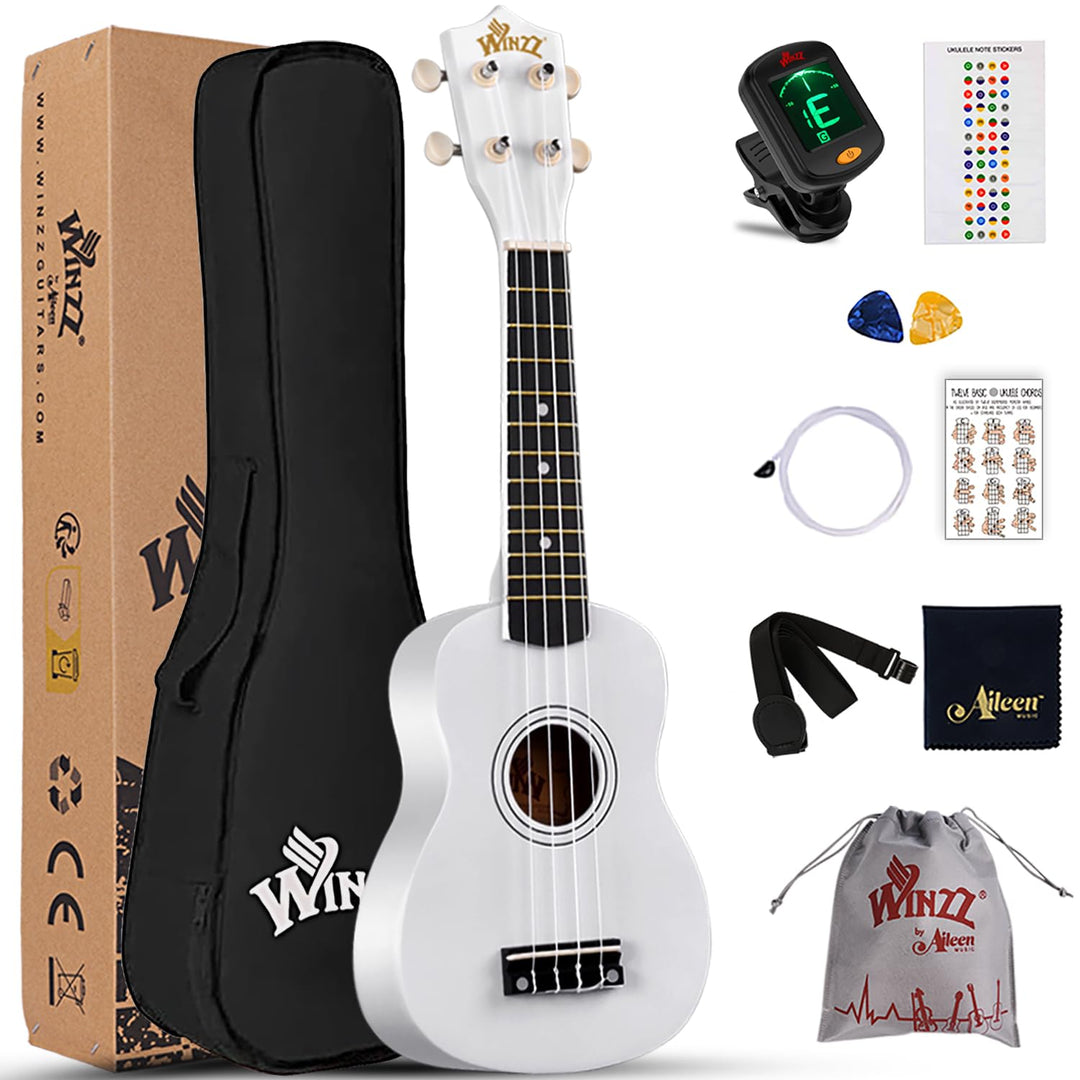 Winzz Sopran Ukulele Starter Kit für Anfänger, mit Tasche, Clip-On Tuner, zusätzlichen Saiten, Gurt,