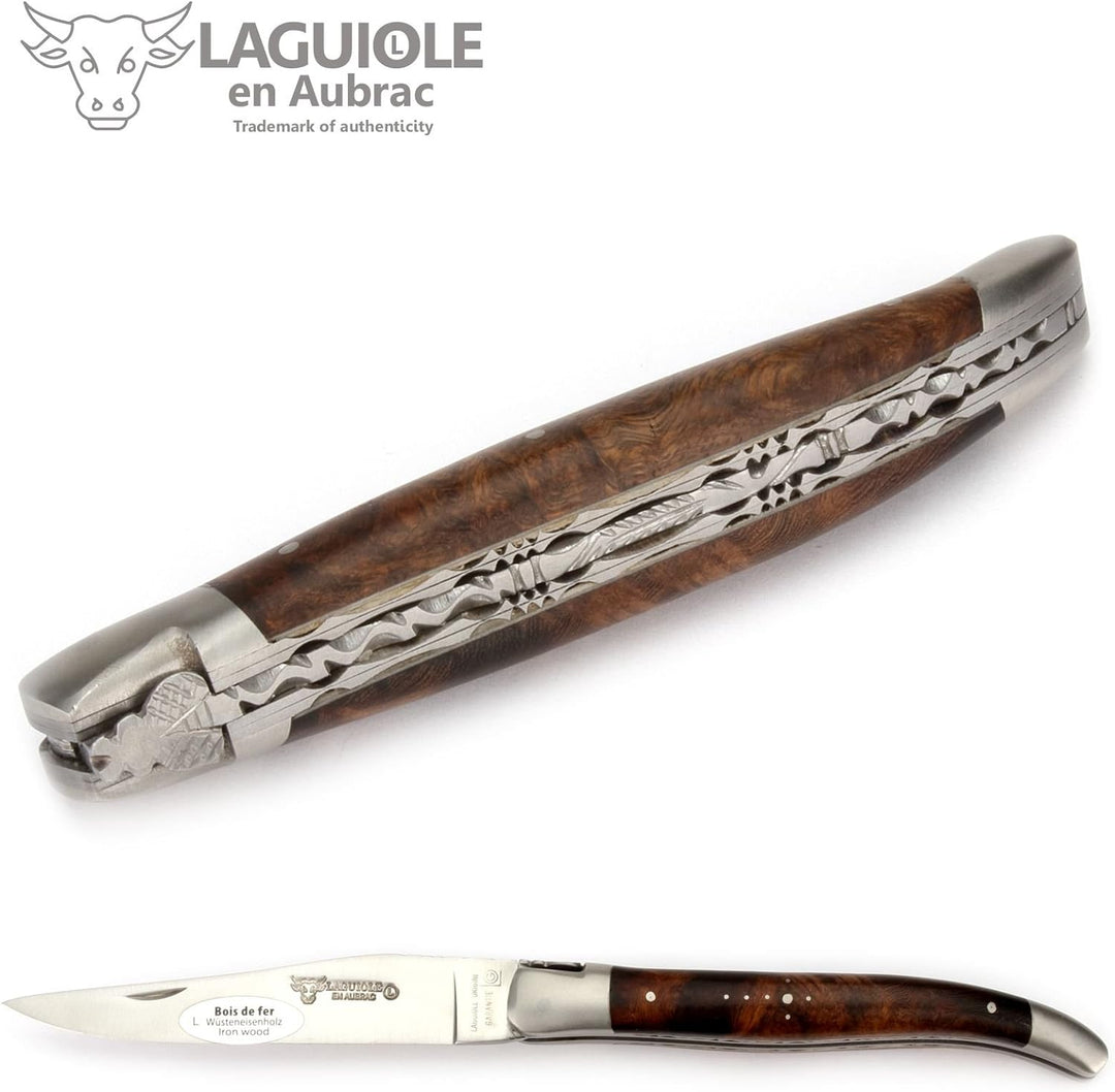 Laguiole en Aubrac - 12 cm Laguiole Taschenmesser - Doppelplatine - Griff Eisenholz - Messer Klinge