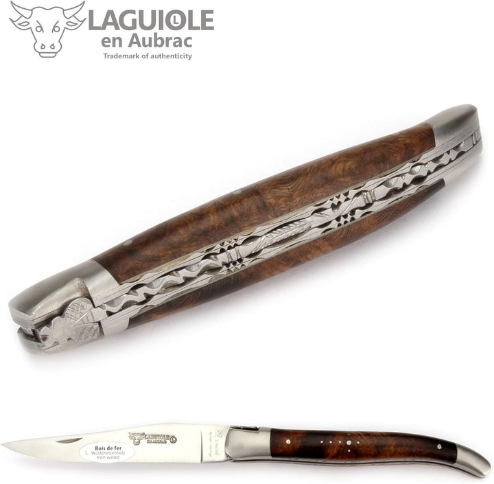Laguiole en Aubrac - 12 cm Laguiole Taschenmesser - Doppelplatine - Griff Eisenholz - Messer Klinge