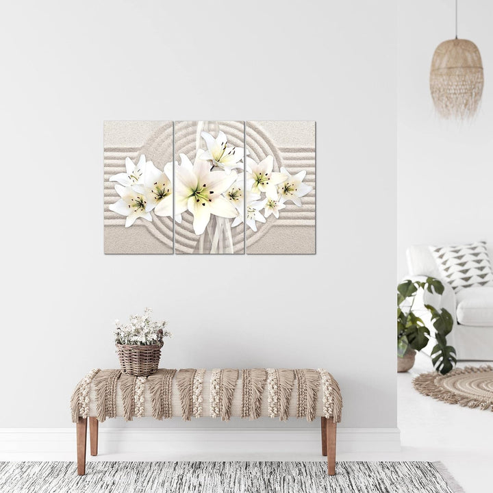 Runa Art Wandbilder Blumen Lilien Bild XXL Wohnzimmer Schlafzimmer Weiss Beige Sand 120 x 80 cm 3 Te