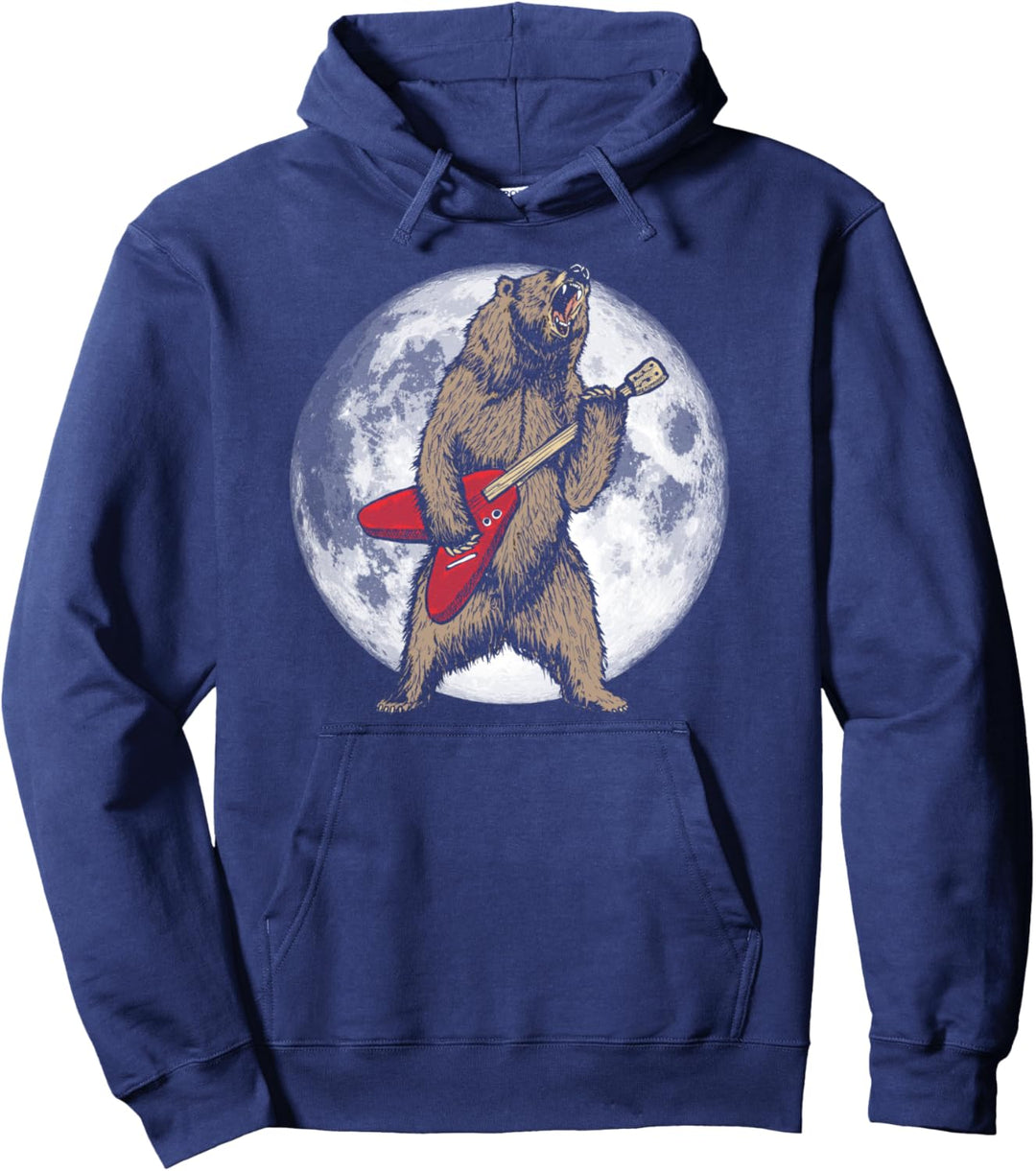 Roaring Grizzly Bear & Moon Sweet 80s Electric Guitar Pullover Hoodie