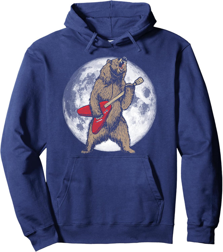 Roaring Grizzly Bear & Moon Sweet 80s Electric Guitar Pullover Hoodie
