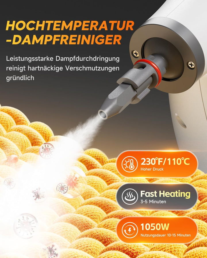 Dampfreiniger Handgerät,500 ml Steam Cleaner, 1050 Watt Hochdruckfunktion, mit 16 Zubehörteilen und