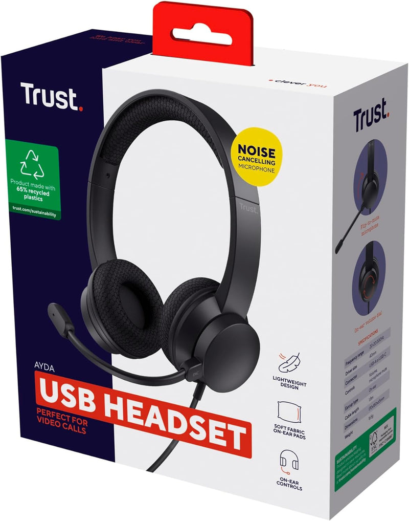 Trust Ayda USB Headset mit Mikrofon On-Ear, Noise Cancelling ENC Mikrofon, Leichtes Design, 65% Recy