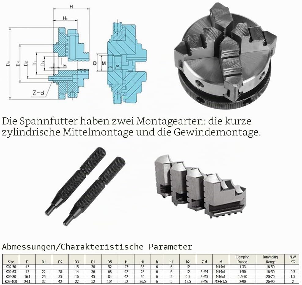 4 Backen umkehrbares selbstzentrierendes Gewinde M14 Mini-Drehfutter K02-50 CNC-Fräser 50 mm (K02-50
