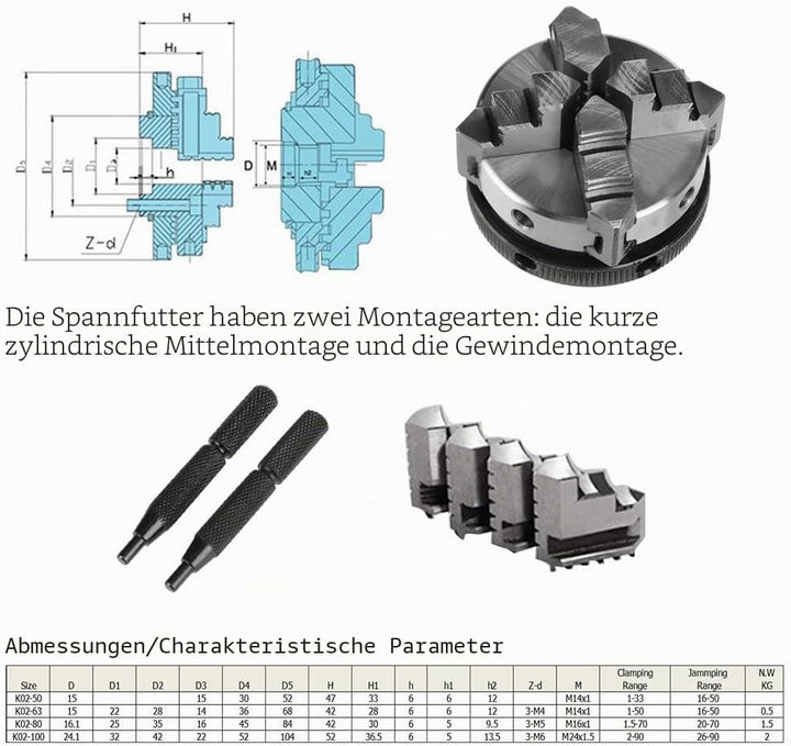 4 Backen umkehrbares selbstzentrierendes Gewinde M14 Mini-Drehfutter K02-50 CNC-Fräser 50 mm (K02-50