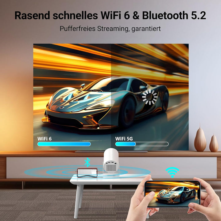 Mini Beamer,4K 1080P Smart Beamer,Projektor Tragbarer mit WiFi 6 und Bluetooth 5.4,Auto Trapezkorrek