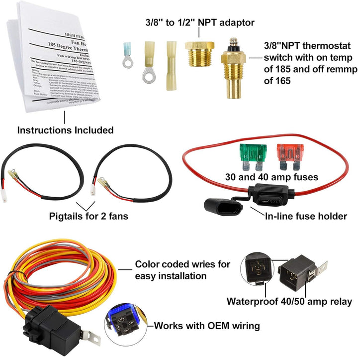 Dual Electric Cooling Fan Wiring Install Kit 185 Degree On 165 Off Engine Fan Thermostat Temperature