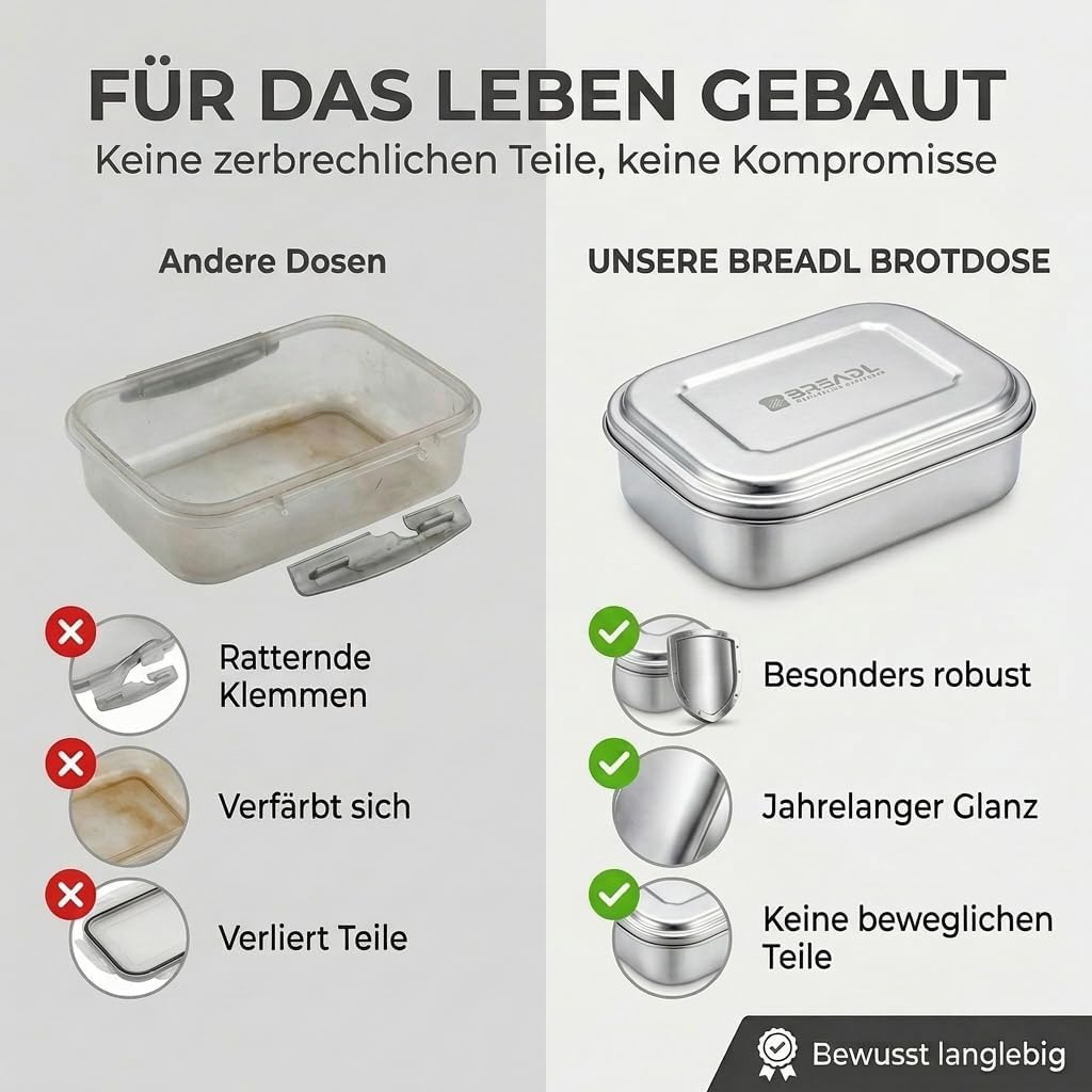 Edelstahl Brotdose, Feste Trennwand und 3 Fächer, Plastikfrei, Rostfrei, Spülmaschinengeeignet, Gros