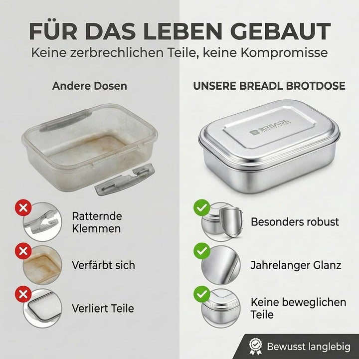 Edelstahl Brotdose, Feste Trennwand und 3 Fächer, Plastikfrei, Rostfrei, Spülmaschinengeeignet, Gros