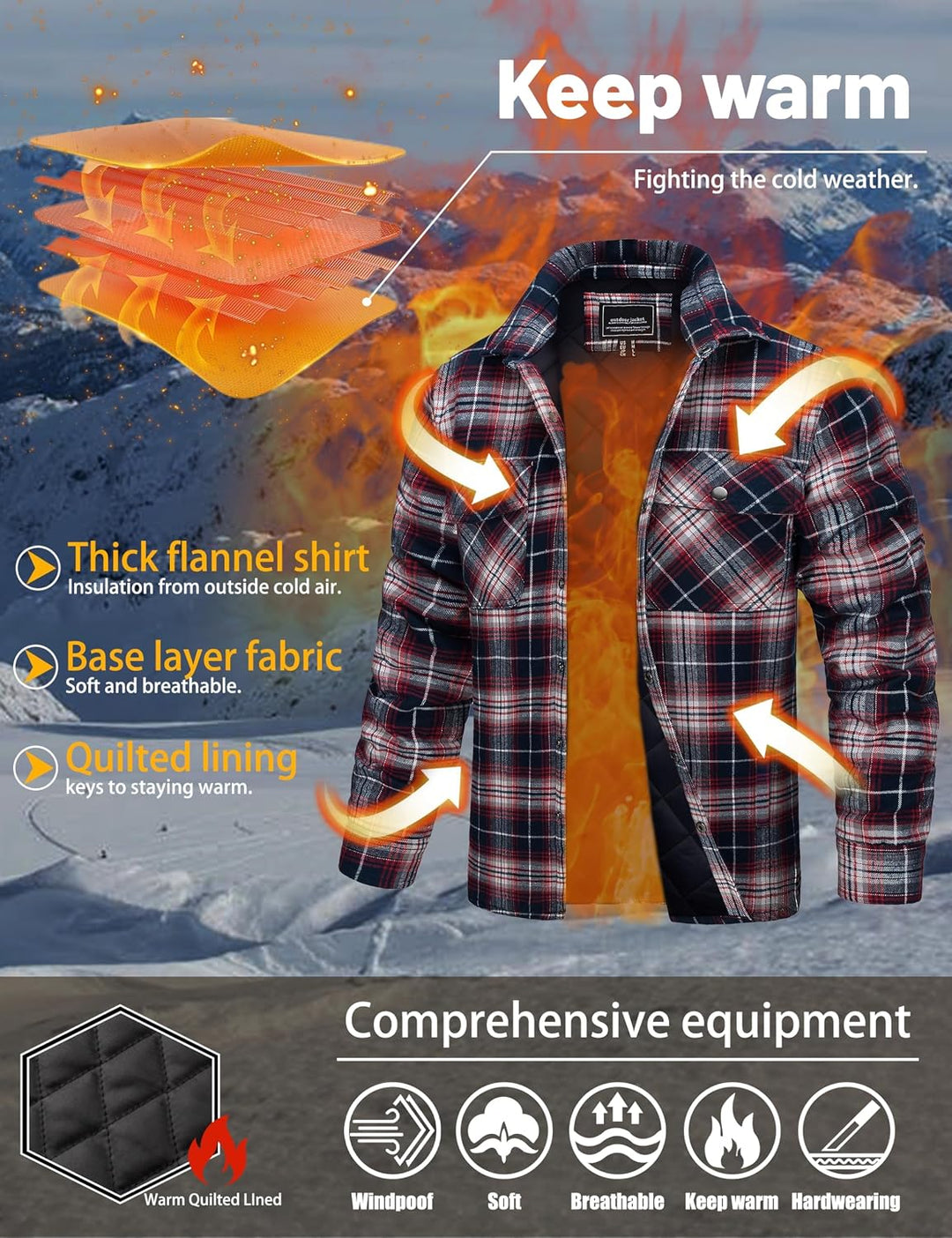 TACVASEN Herren Karierte Hemdjacke Flanellhemd Holzfällerhemd Thermohemd Jacke XL Rot Weiss, XL Rot