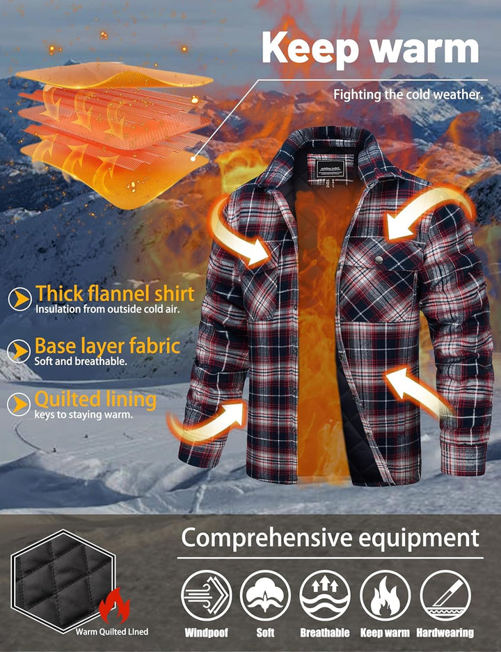 TACVASEN Herren Karierte Hemdjacke Flanellhemd Holzfällerhemd Thermohemd Jacke M Rot Weiss, M Rot We