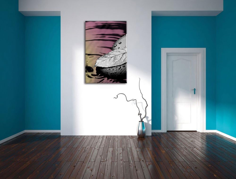 Pixxprint Blatt auf Zen Steinen im Wasser als Leinwandbild/Grösse: 100x70 cm/Wandbild/Kunstdruck/fer