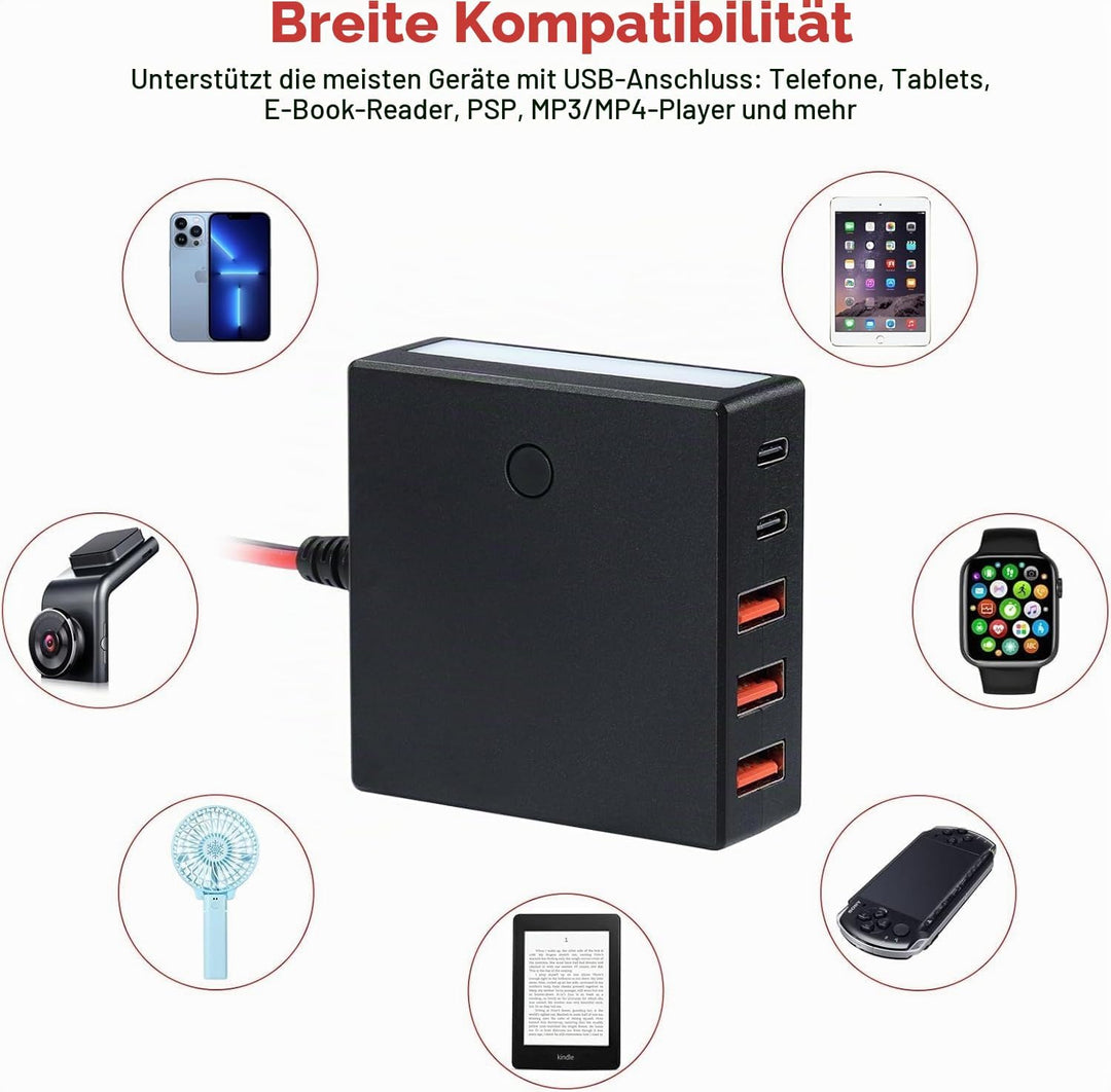 DC-Konverter 12V/24V auf 5V 12A, bis zu 60W, mit Batterieklemmen, USB-C, Mehreren Anschlüssen, Buck-