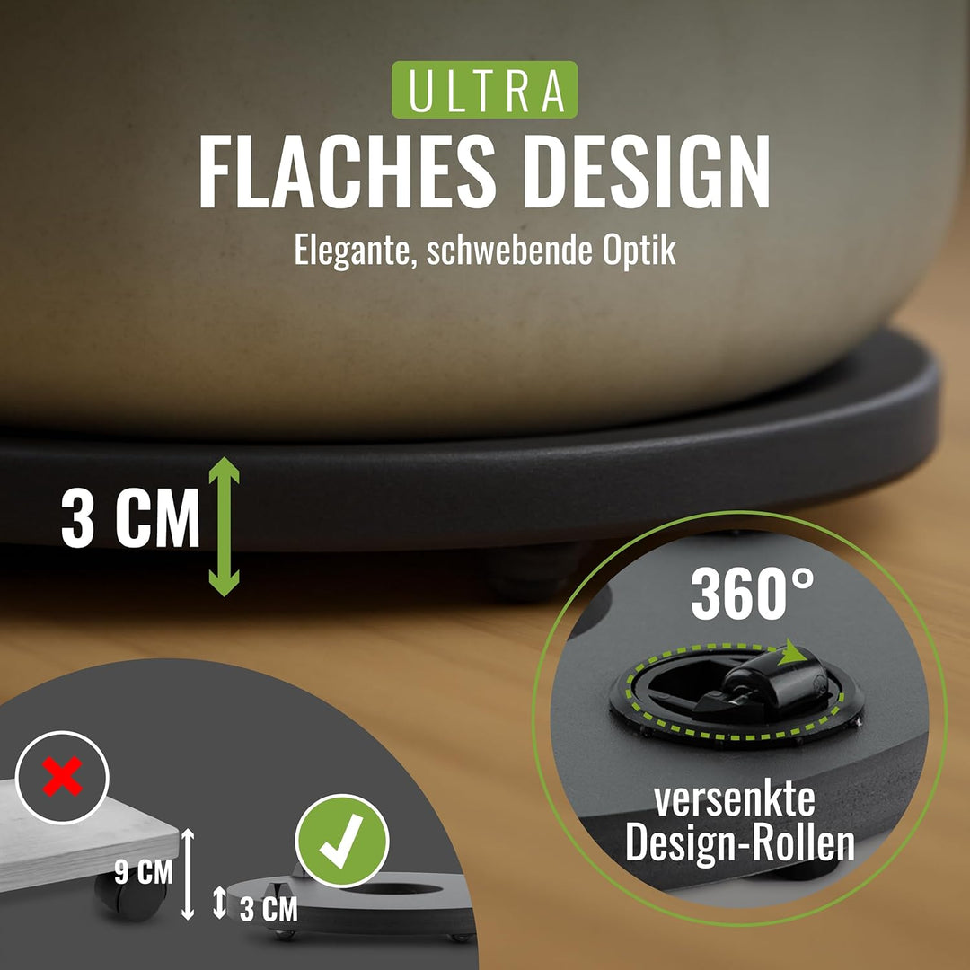 Pflanzwerk® Pflanzkübel Untersetzer *ULTRAFLACHER DESIGNER PFLANZENROLLER* Ø28cm für alle Blumentöpf