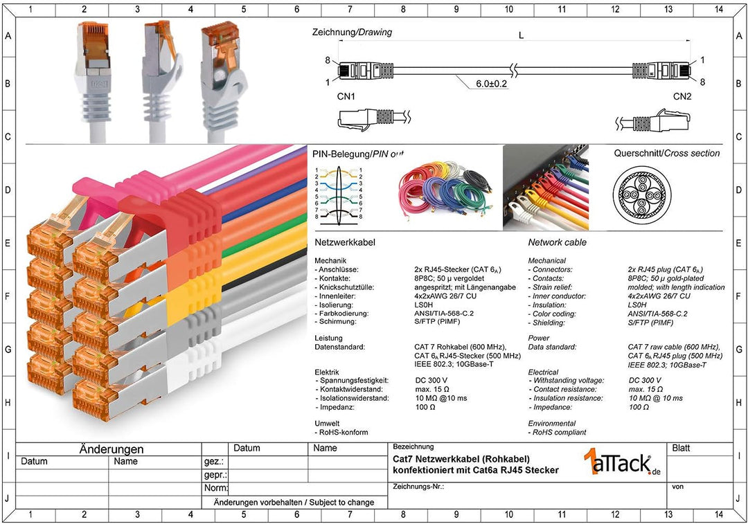 1aTTack.de 7,5m - Cat.7 Netzwerkkabel Orange - 5 Stück Gigabit Ethernet LAN Kabel 10000 Mbit s Patch