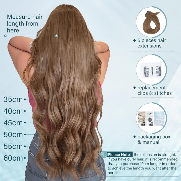 Elailite Clip in Extensions Echthaar, 5 Tressen Haarverlängerung Hellbraun mit 12 Clips, 50cm-70g Gl