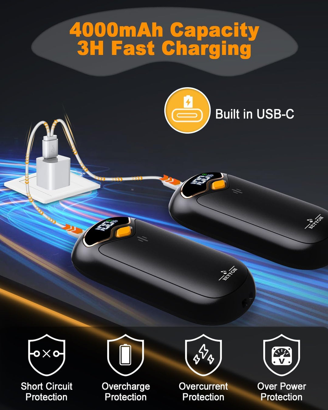 Handwärmer Elektrisch, 2er Pack - Zweiseitig heizende elektrische Handwärmer mit LED-Digitaldisplay,