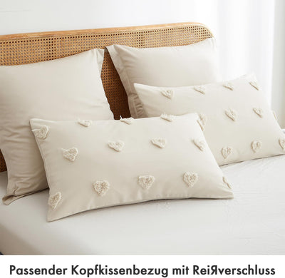 Freyamy Böhmen Bettwäsche 200x220cm 3teilig Beige Getuftet Herz Boho Bettwäsche Stickerei Shabby Chi