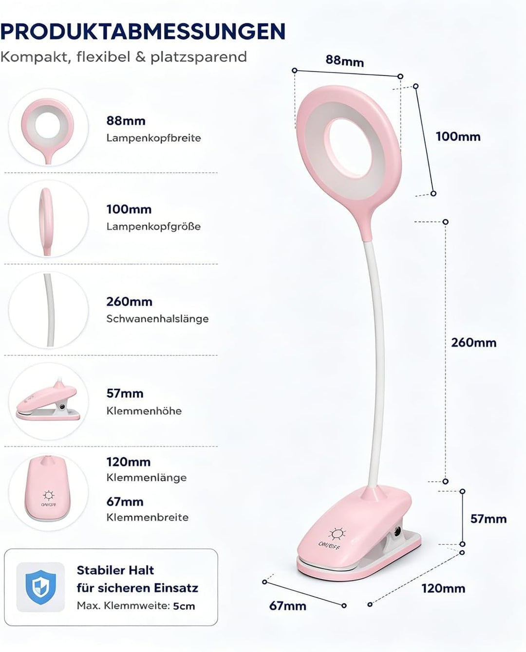 Klemmlampe Bett, LED Leselampe Bett Touch Dimmbar 3 Farben Bettlampe Klemmleuchte Augenschutz Schwan
