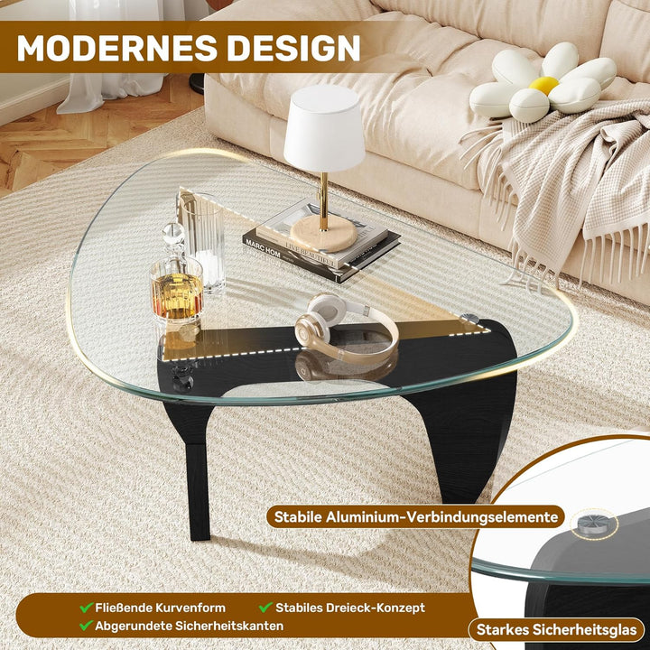 Dreieckiger Beistelltisch, Couchtisch Glas Transparent, Kleiner Wohnzimmertisch Minimalismus, MDF Ho
