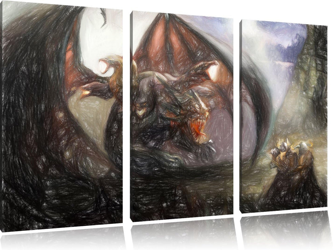 Pixxprint Drachen Schlangen als Leinwandbild/Grösse: 3 Teilig (120x80 cm) cm/Wandbild/Kunstdruck/fer