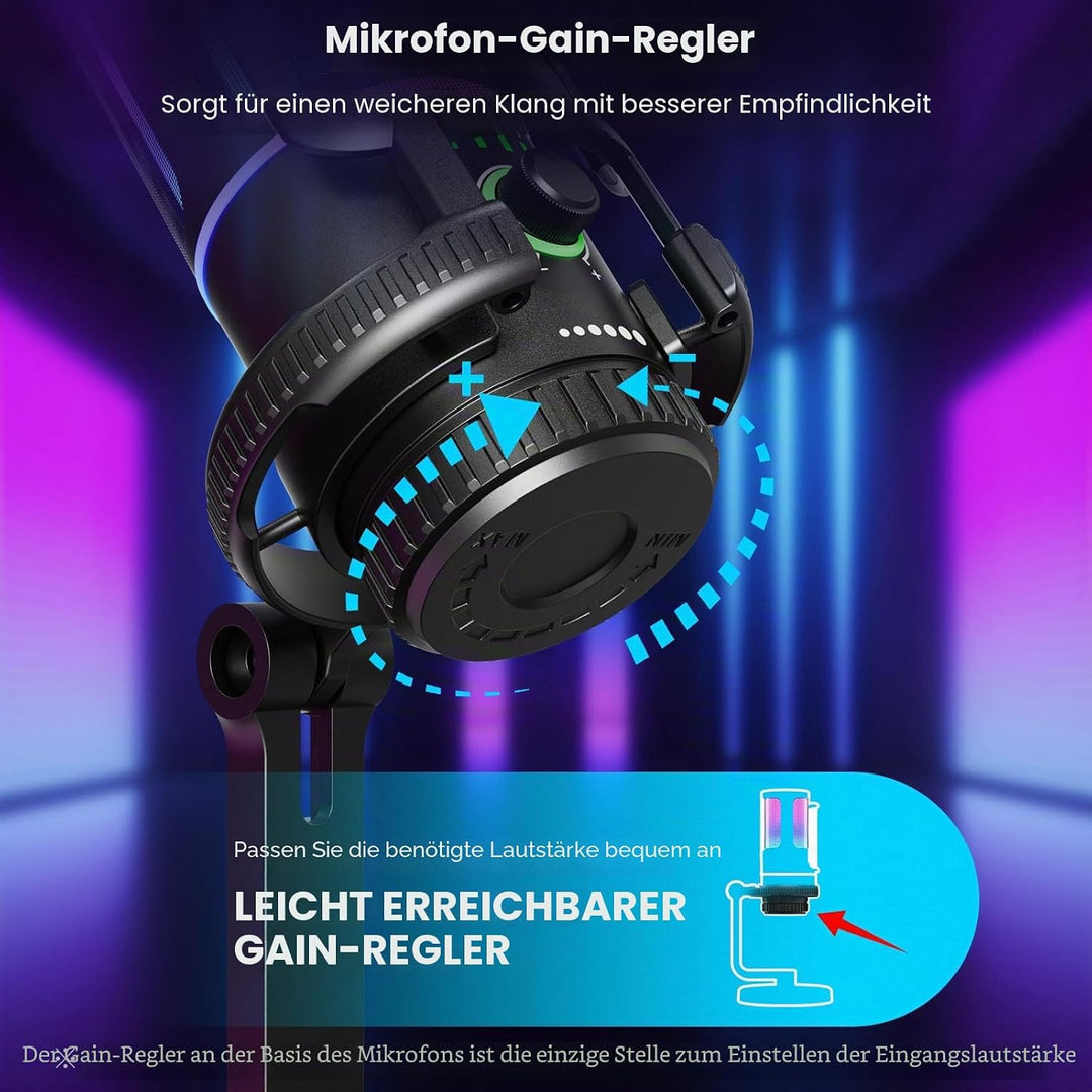 SINWE Gaming Mikrofon mit Geräuschunterdrückung & Verstärkungsregelung - USB PC Mikrofon für Streami