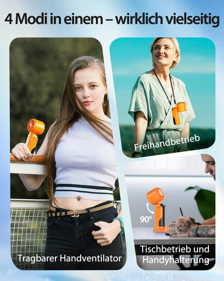 Tragbarer Turbo Handventilator mit Ice-Cooling, USB-C aufladbar,90° klappbar,1–199 Geschwindigkeitss