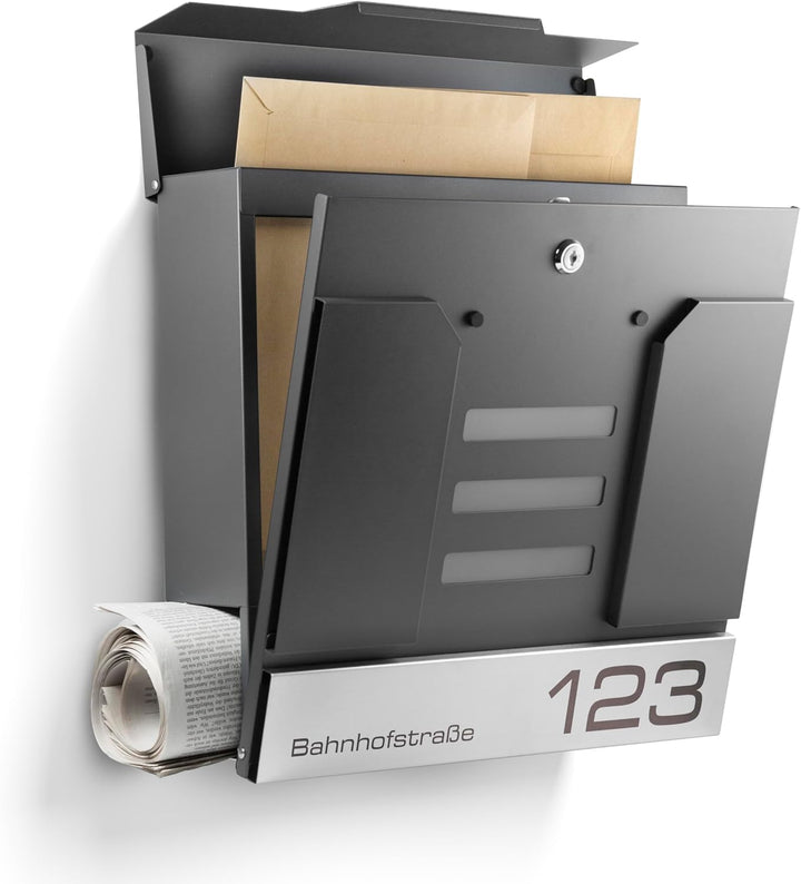 Moderner Briefkasten Personalisierbar Mailand Anthrazit RAL7016 - mit Zeitungsfach - Wandbriefkasten