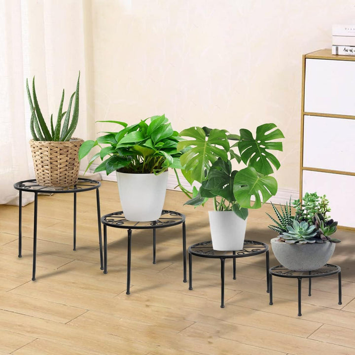 4er Set Blumenhocker Metall für innen, Schwarz Blumenbank Stand Wohnzimmer Blumenregal Balkon, Garte
