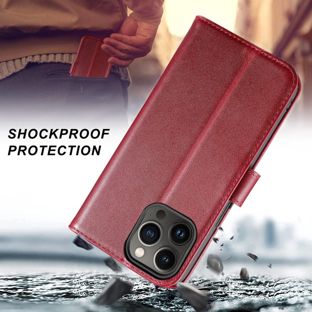 LENSUN Echtleder Hülle für iPhone 13 Pro, Handyhülle Flip Cover [Echtes Leder][Kartenfach][RFID Schu
