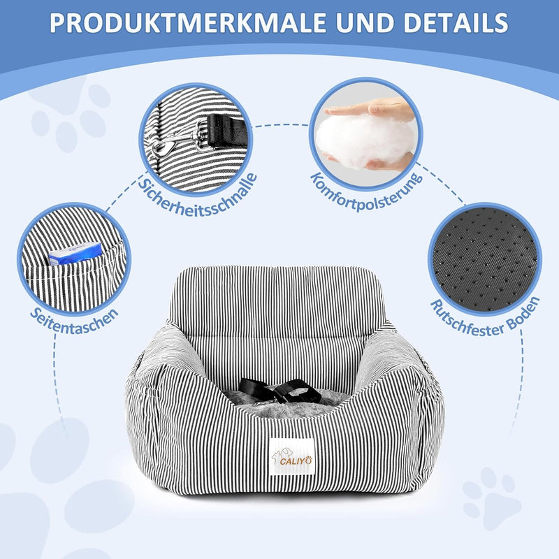 CALIYO Hunde Autositz, Sicherheitsgurt - Waschbarer Autositz Hund in Schwarz/Weiss für Kleine, Mittl
