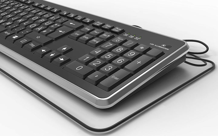 Lacerto® | Deutsche Tastatur (QWERTZ) mit grossen Buchstaben, weisser LED-Beleuchtung &amp; USB-Anschlus