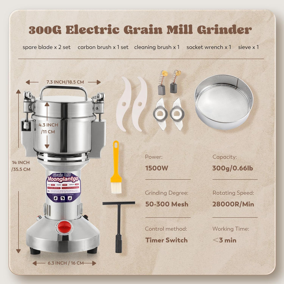 Moongiantgo Getreidemühlen Elektrisch 300g Elektrische Mühle, Rostfreier Stahl &amp; Kommerzieller Motor