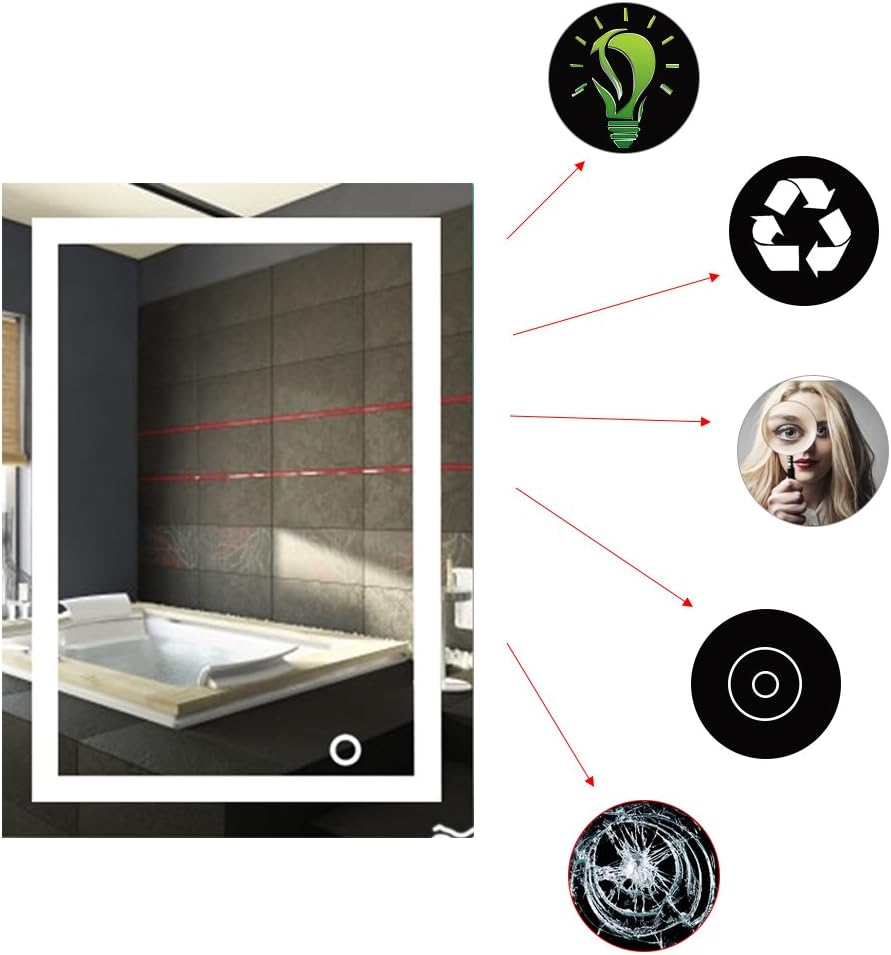 XDAILUYYDS Badspiegel mit Beleuchtung, LED Badspiegel mit Touch, Schalterenergiesparend Grössenwahl