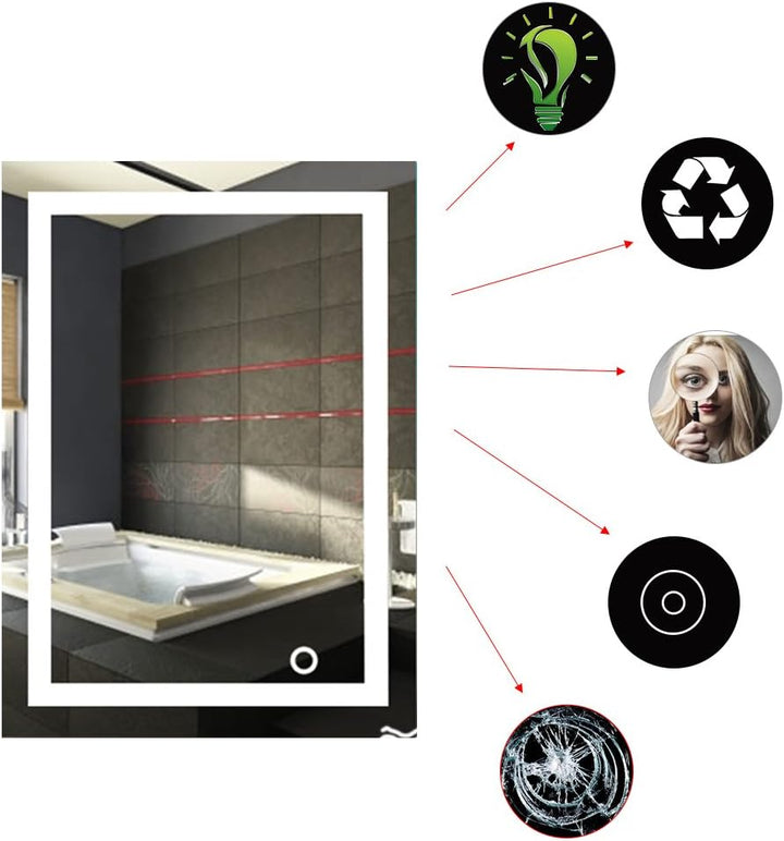XDAILUYYDS Badspiegel mit Beleuchtung, LED Badspiegel mit Touch, Schalterenergiesparend Grössenwahl