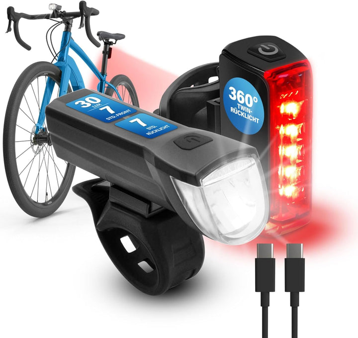 Fischer Twin Fahrradlicht Set, 360° Bodenbeleuchtung, LED Fahrradlampe 30 Lux, Akku aufladbar mit US
