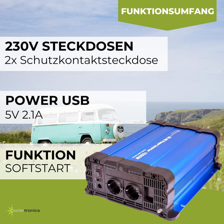 solartronics Spannungswandler FS1500DR 12V 1500/3000 Watt Reiner Sinus BLAU kein Display FS Serie In