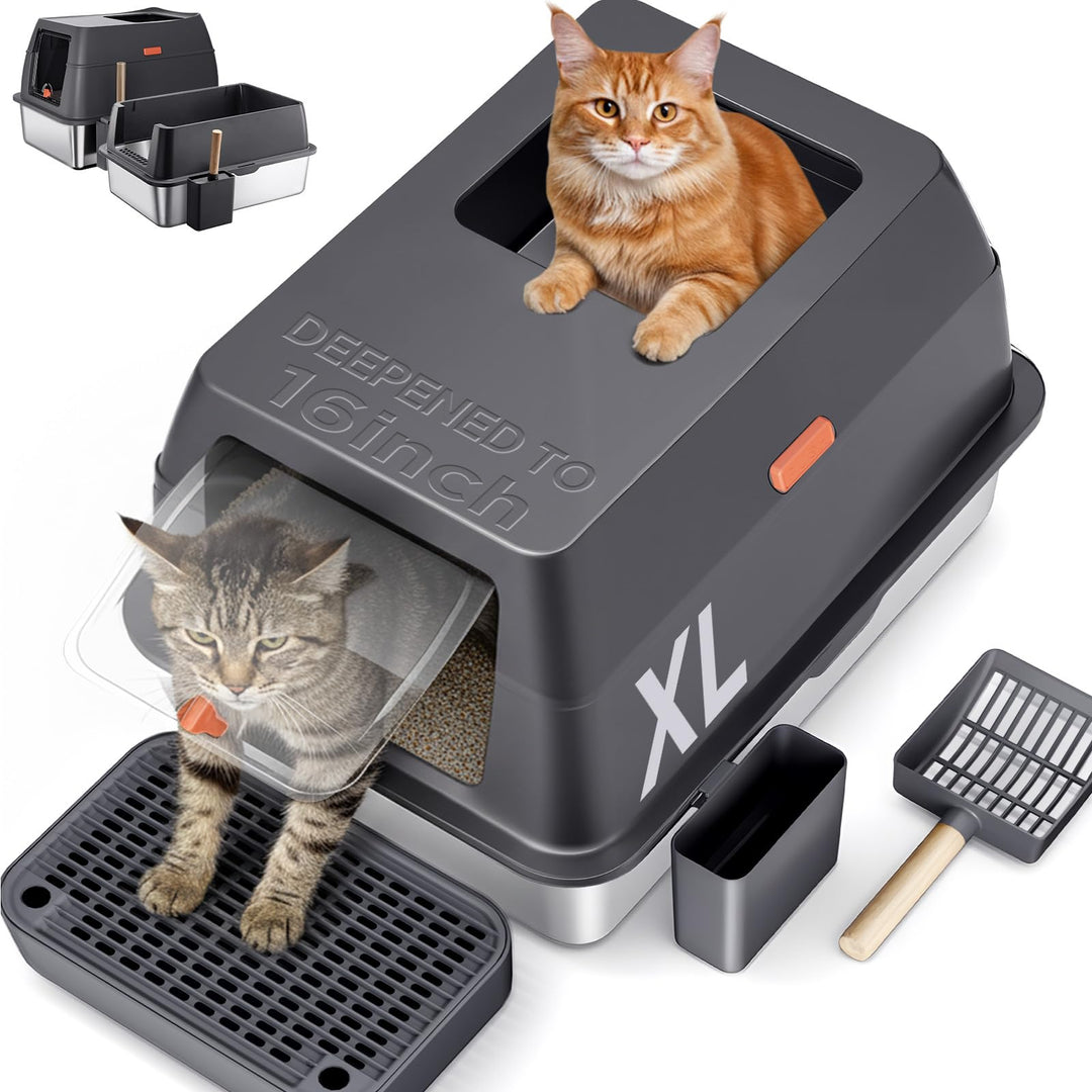 Gimars 3 in 1 Hochwandiger Anti-Auslauf Edelstahl Katzentoilette XXL mit Deckel, Extra Grosses Gesch