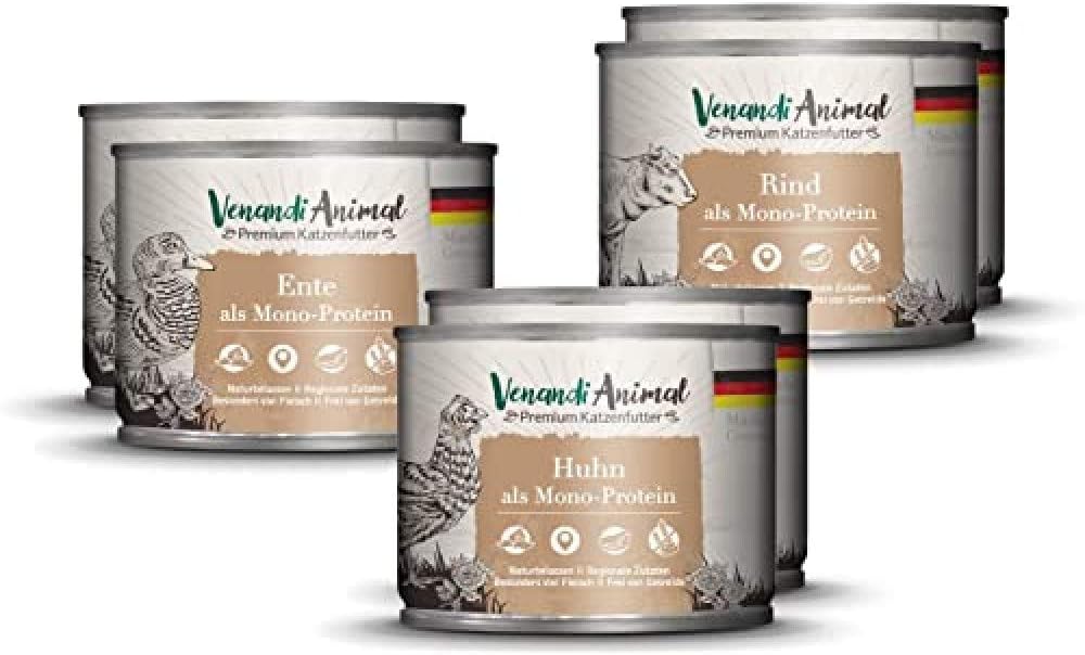 Venandi Animal Premium Nassfutter für Katzen, Probierpakett I, Huhn, Pute, RInd, 6 x 200 g, 1.2 kg &amp;
