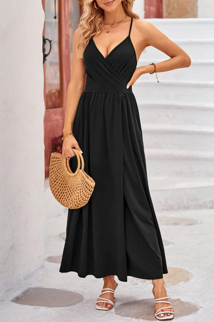 OUGES Damen Sommerkleid V-Ausschnitt Maxikleid Rückenfreies High Waist Spaghetti Strap Freizeitkleid