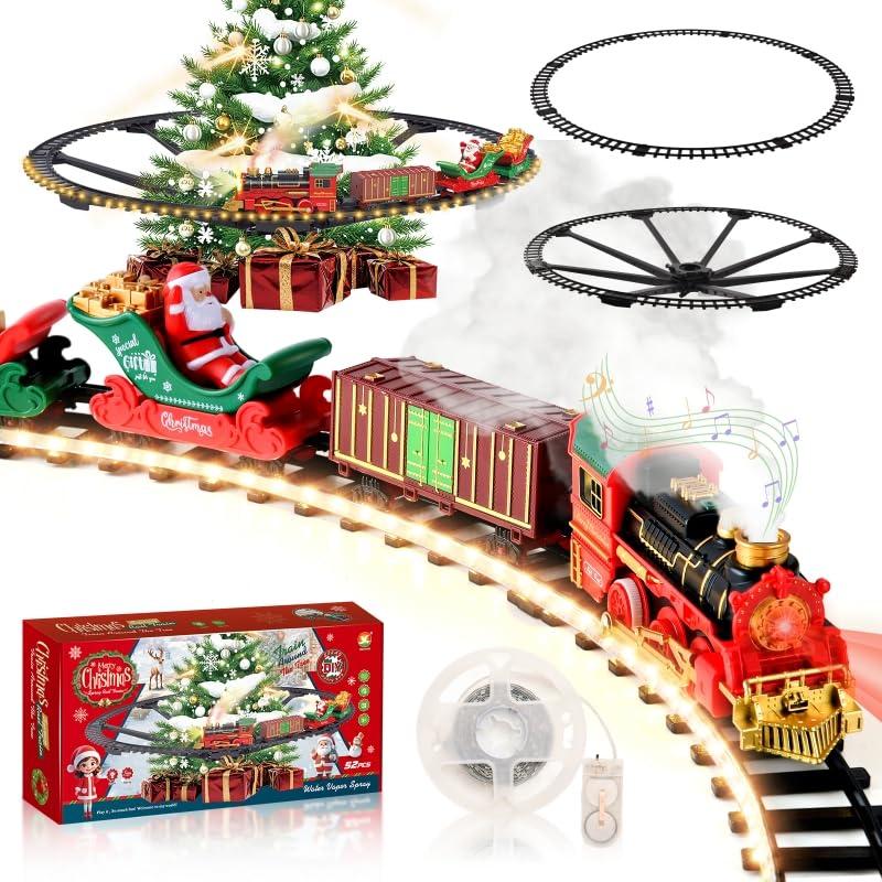 Weihnachtsbaum Zug, Klassisches Weihnachtszug-Set für Kinder mit Warmweiss LED-Lichterkette, Spray u