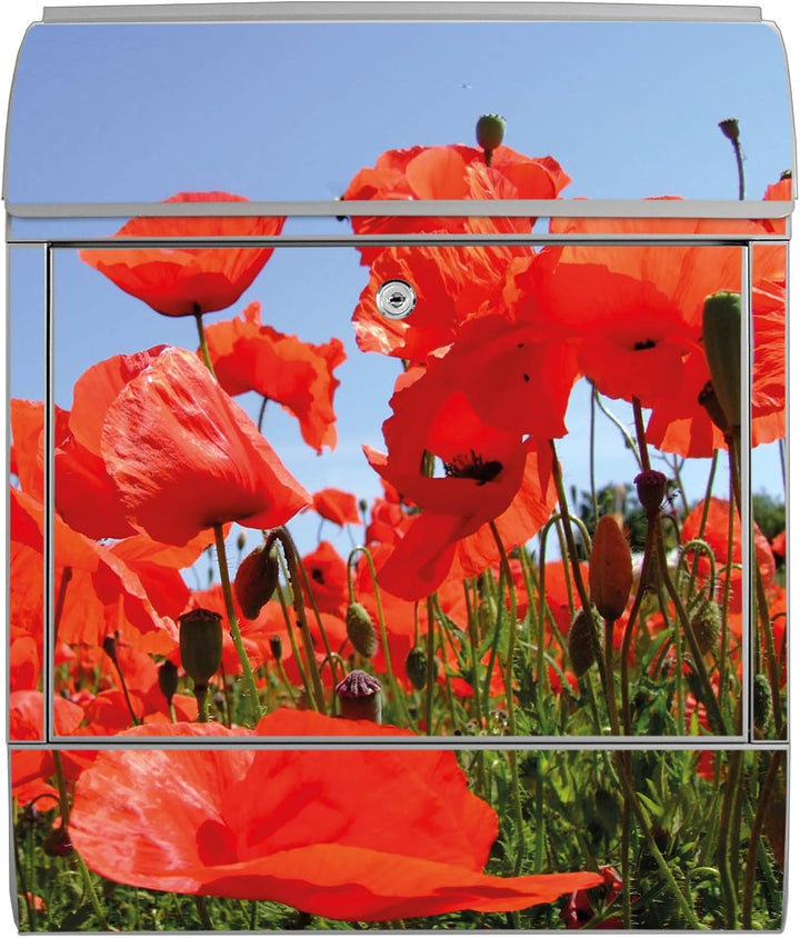 banjado® Design Briefkasten mit Motiv Mohnblumen 39x47x14cm &amp; 2 Schlüssel - Briefkasten Stahl Silber