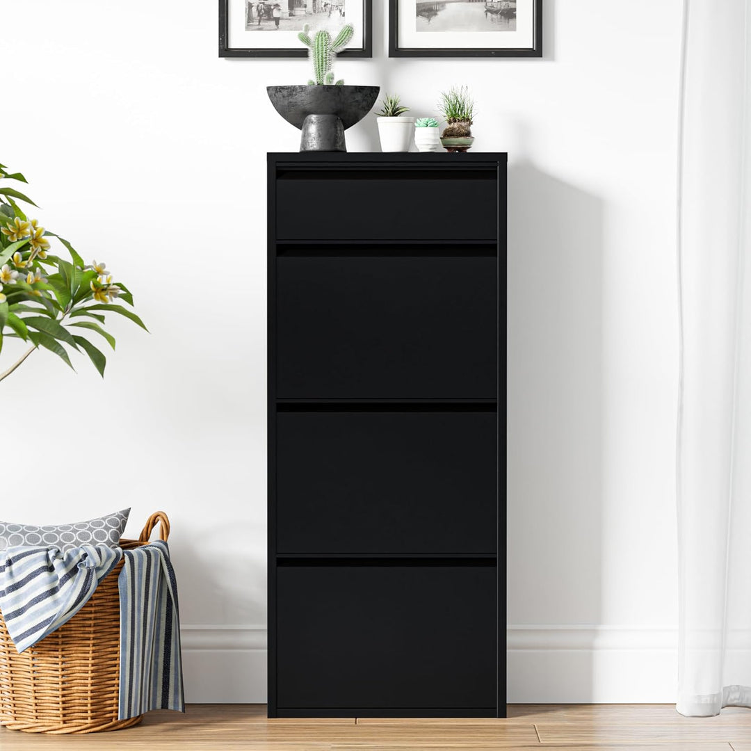 [en.casa] Schuhschrank Sokndal Schuhkipper Schwarz schmal Schuhkommode mit 3+1 Kippfächern Diele Flu