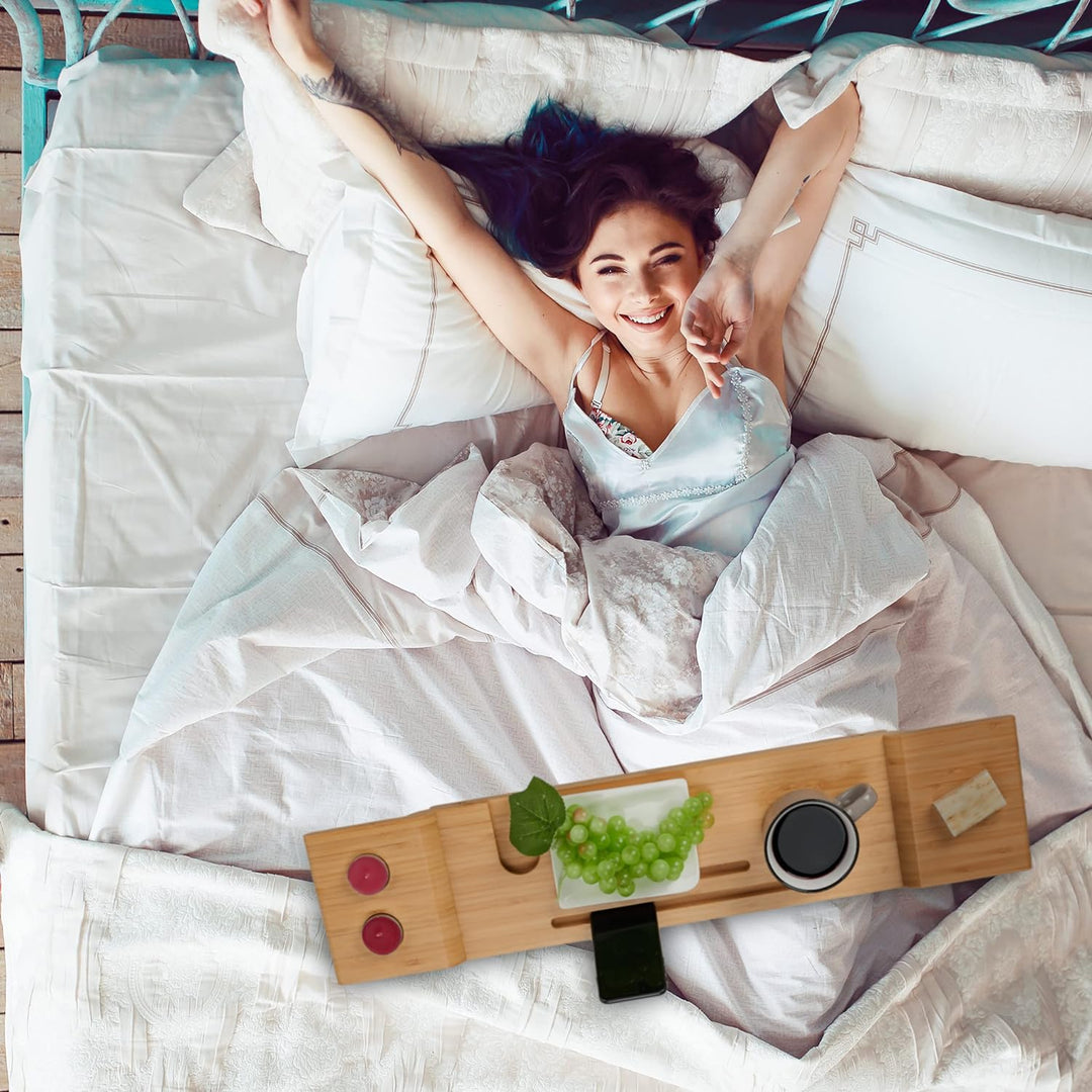 Relaxdays Badewannenablage Bambus, 70cm breit, Badetablett für Glas, Handy, Tablet, Badewannenbrett