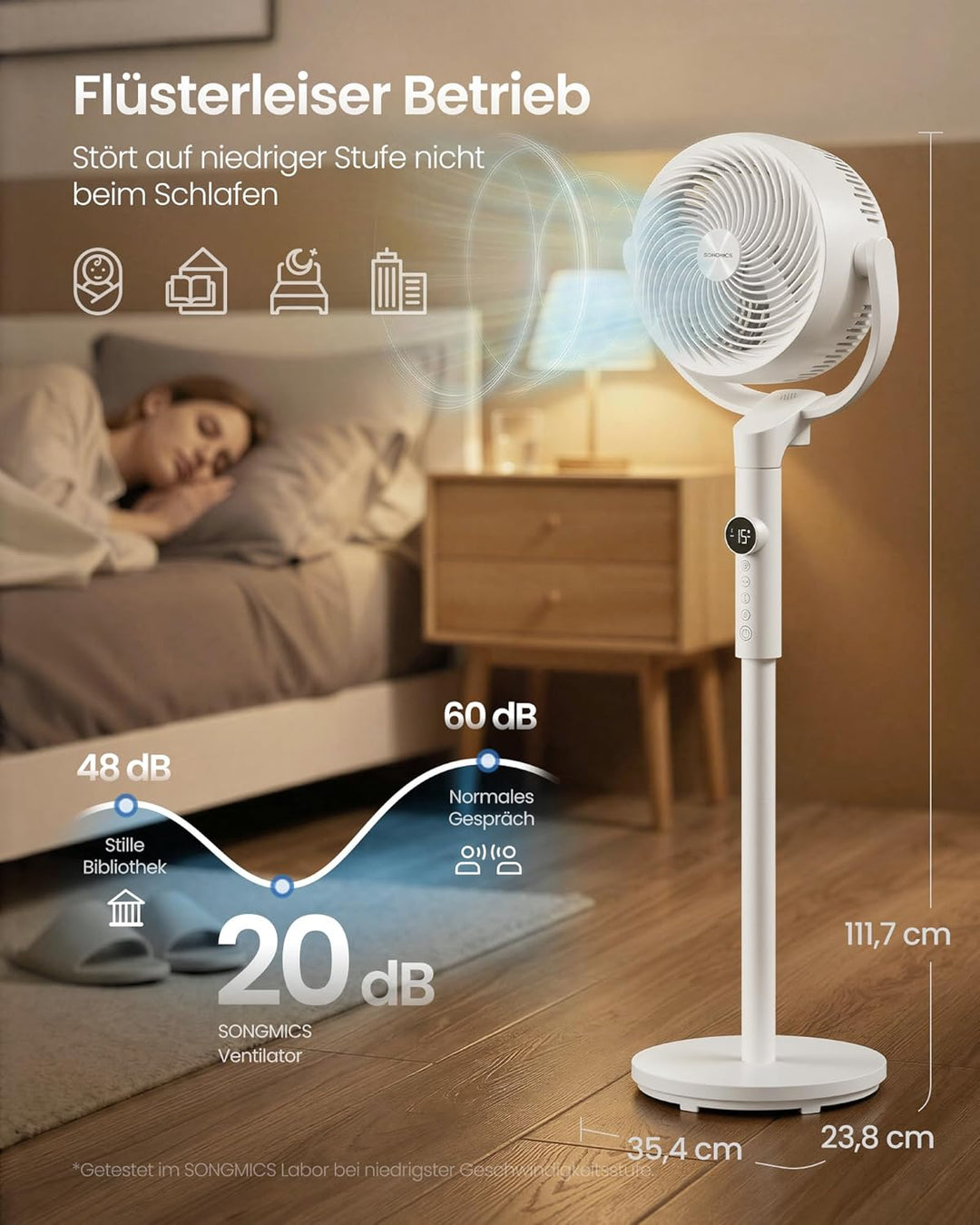 SONGMICS Standventilator, Ventilator leise 20 dB mit Fernbedienung, Luftzirkulator 120° und 135° Osz