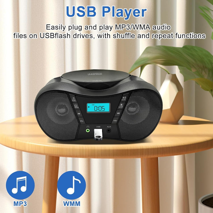 Tragbarer CD-Player Boombox mit FM-Radio, Bluetooth-Lautsprecher, AC/Batteriebetrieben, unterstützt